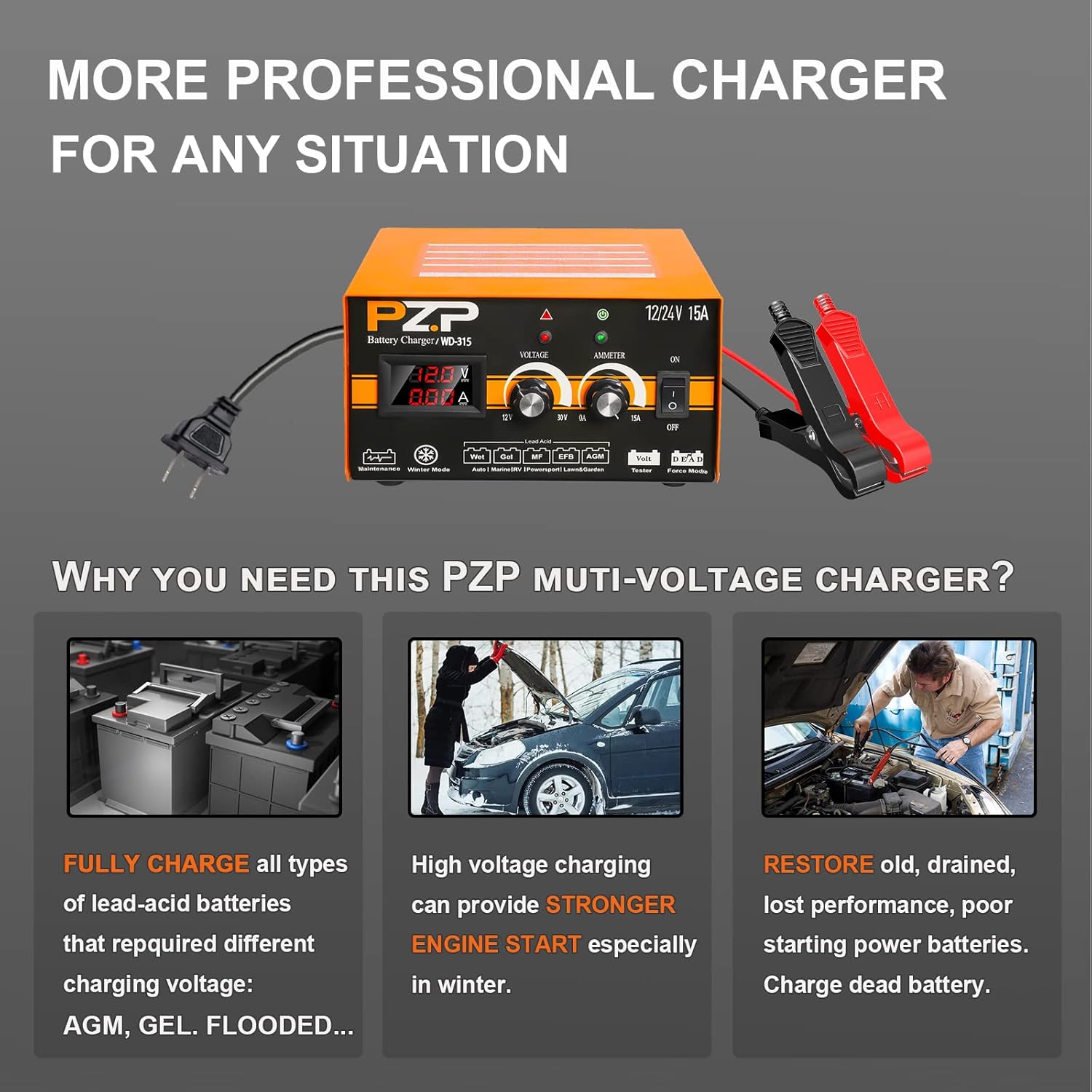 Manual Battery Charger 12V/24V Automotive Car Truck Boat Battery Chargers Maintainer Trickle Charger B256629