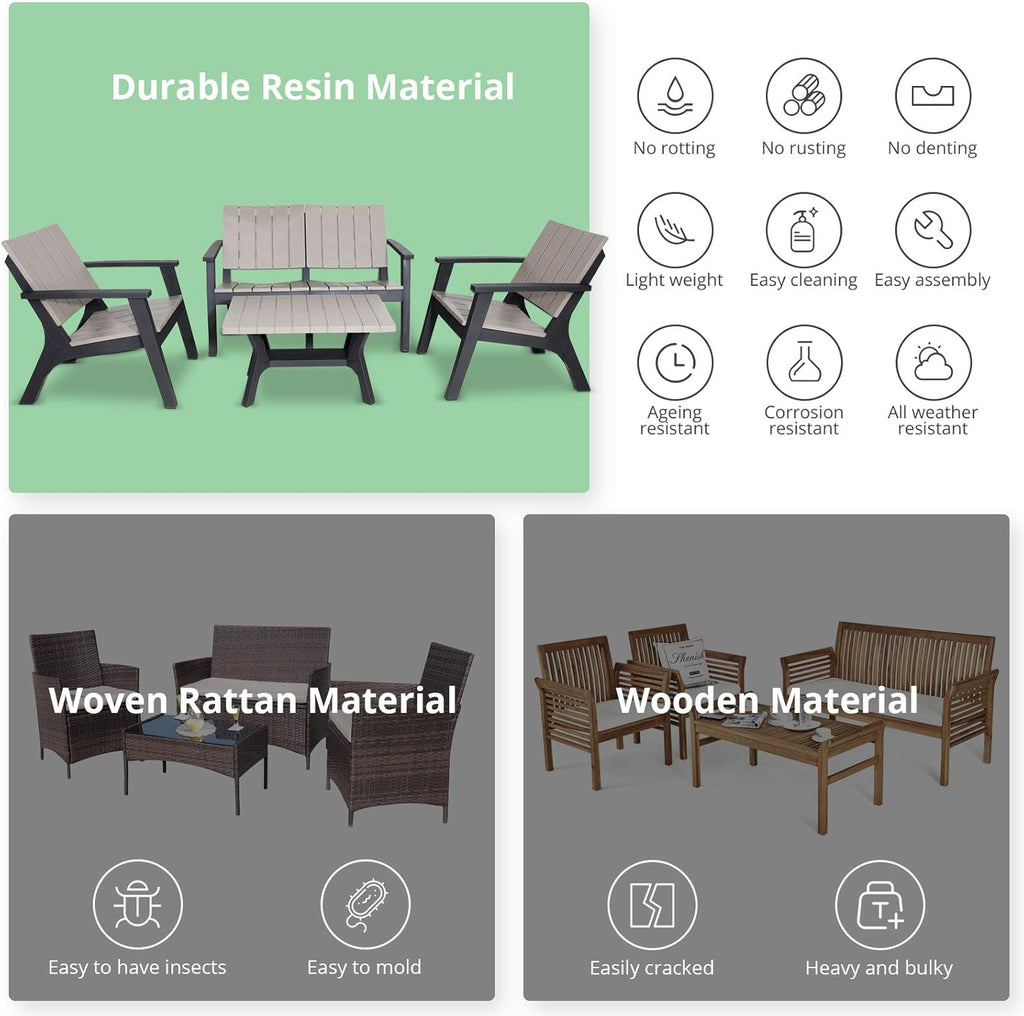 4 Pieces Resin Outdoor Patio Furniture Set with Loveseat, Chairs, Coffee Table N209