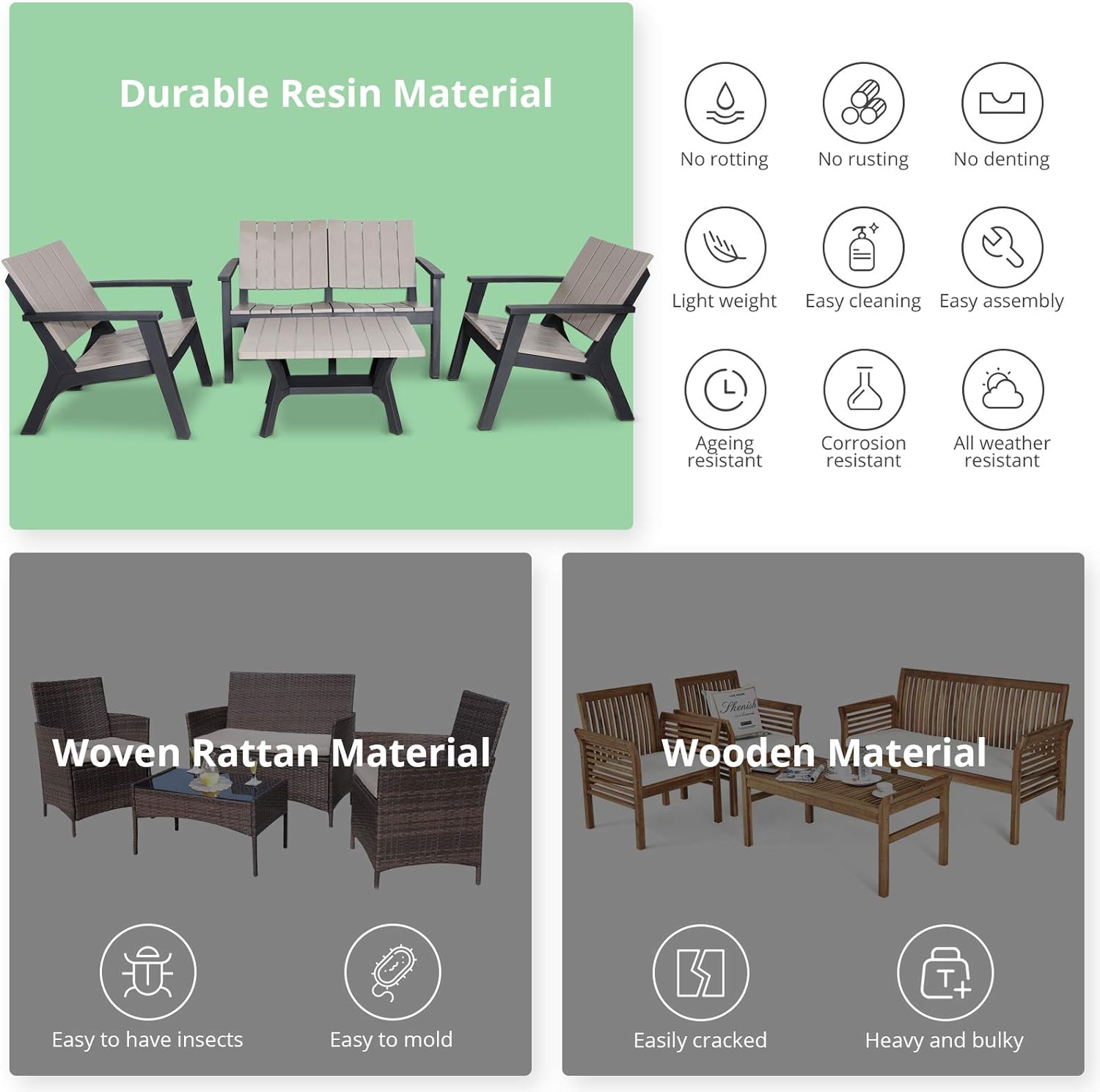 4 Pieces Resin Outdoor Patio Furniture Set with Loveseat, Chairs, Coffee Table N209