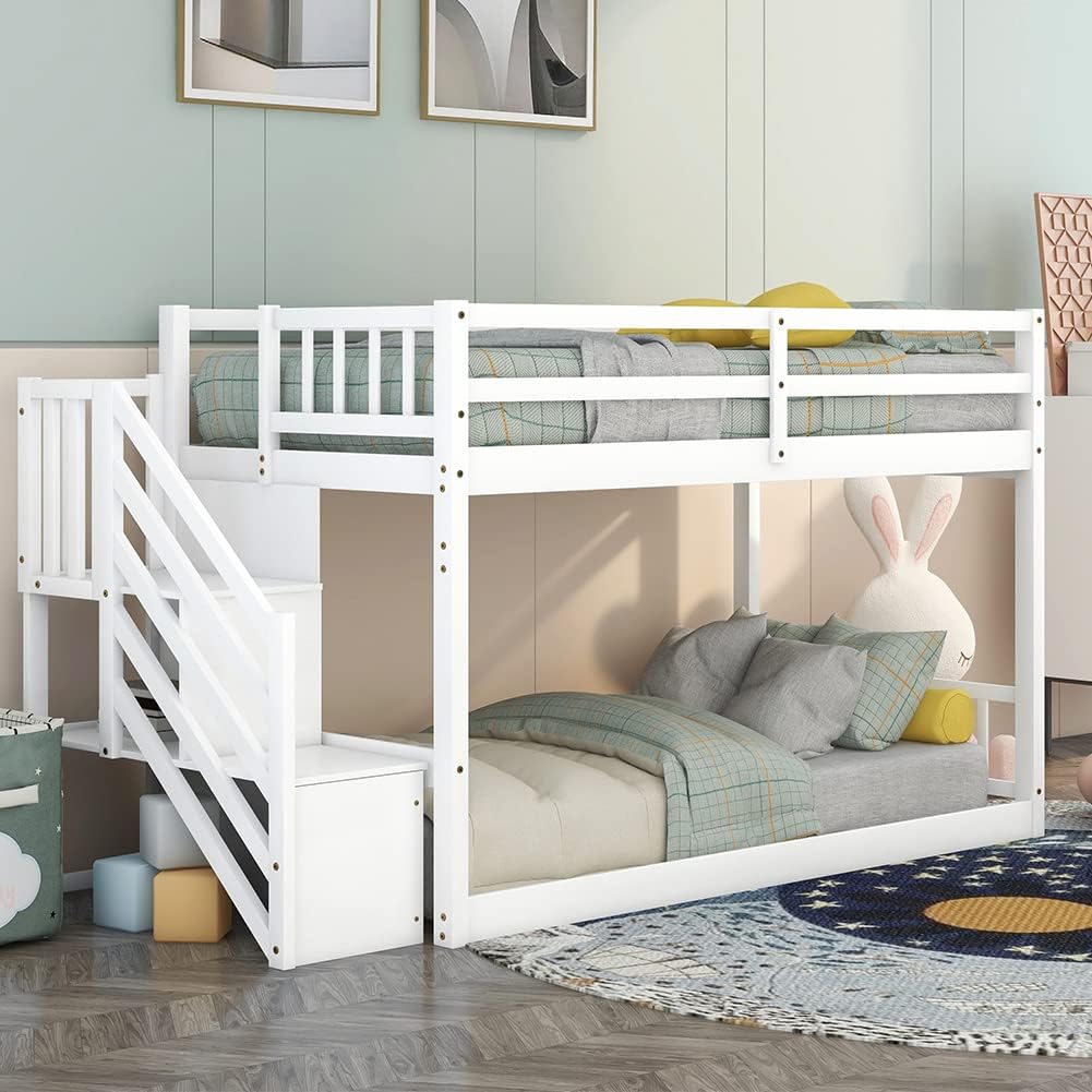 Twin Over Twin Bunk Beds with Slide and Staircase (White) X32468