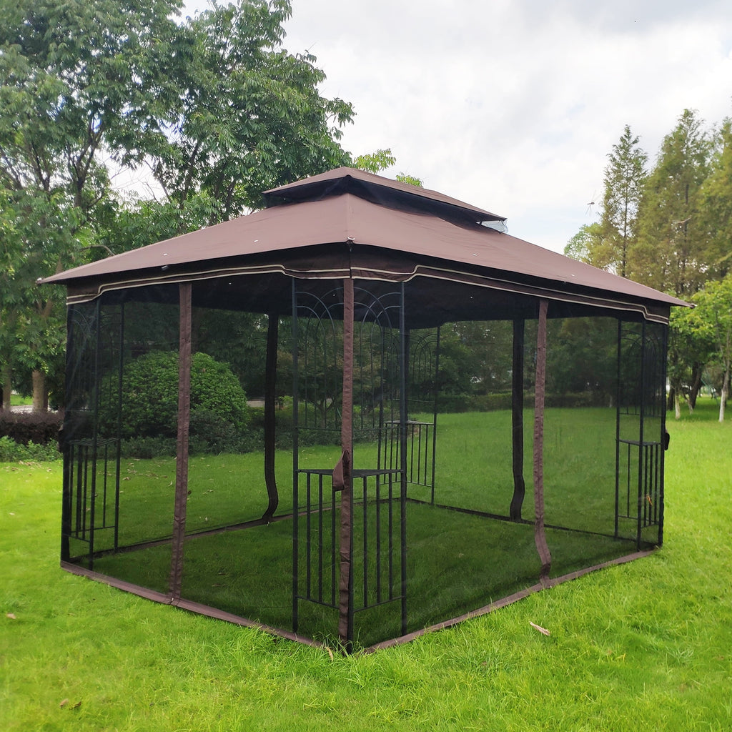 Brown Outdoor Patio Gazebo Canopy Tent with Ventilated Double Roof and Mosquito Net F844