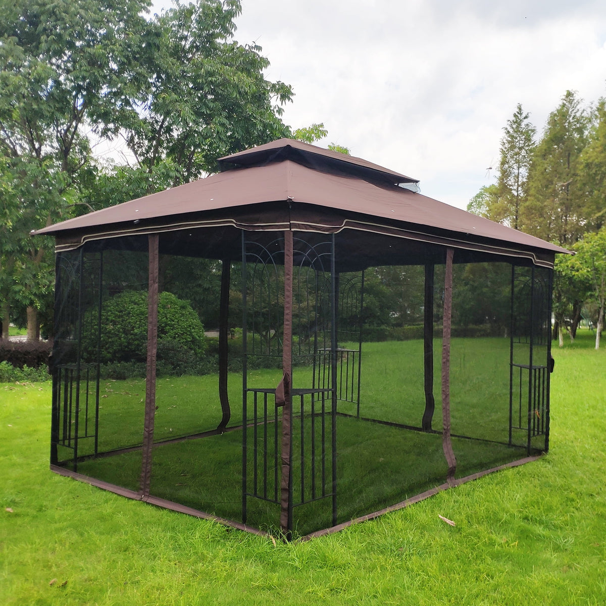 Brown Outdoor Patio Gazebo Canopy Tent with Ventilated Double Roof and Mosquito Net F844