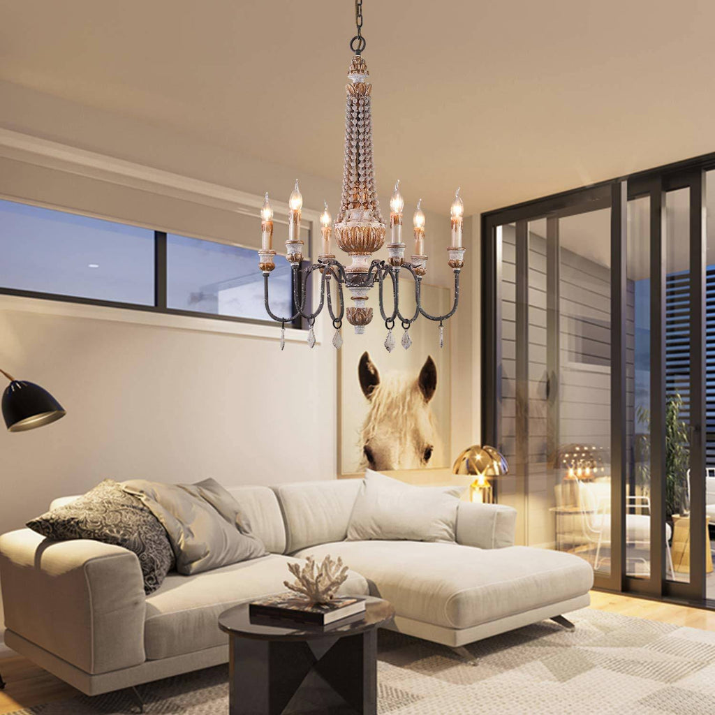 Retro Rustic 6-Light Wood Metal Crystal Chandelier U89907