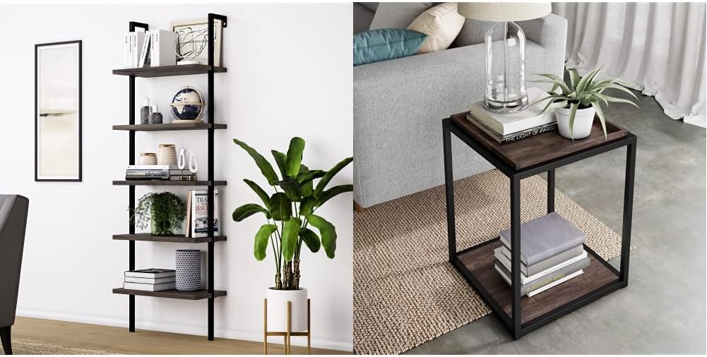 White/Gold 5-Shelf Ladder Bookcase with Metal Frame C655