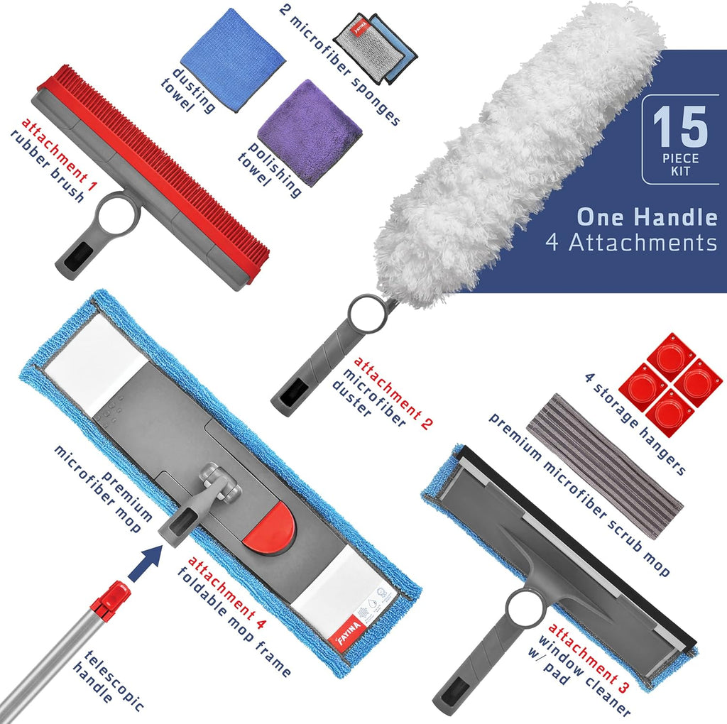 Wet Flat Floor Mop, Rubber Brush, Microfiber Duster, Window Cleaner with Squeegee, 2 Microfiber Cloths, 2 Dish Sponges, Pack of 2 E658180