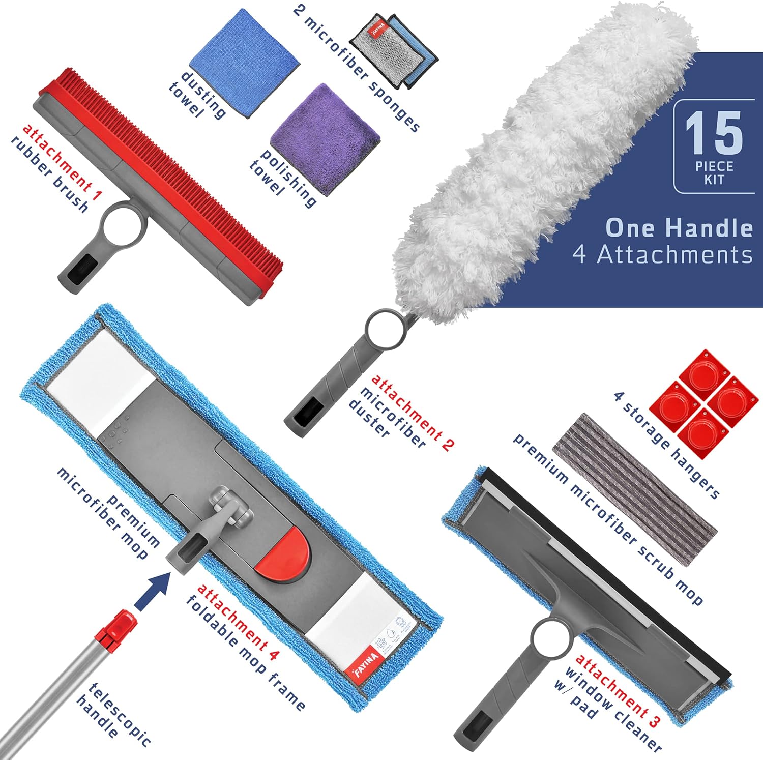 Wet Flat Floor Mop, Rubber Brush, Microfiber Duster, Window Cleaner with Squeegee, 2 Microfiber Cloths, 2 Dish Sponges, Pack of 2 E658180