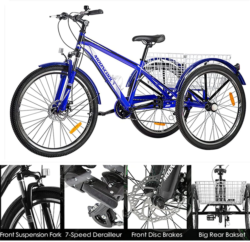Adult Mountain Tricycle, 7 Speed Three Wheel Bike, 24/26/27.5 inch, 420 lbs Y89923