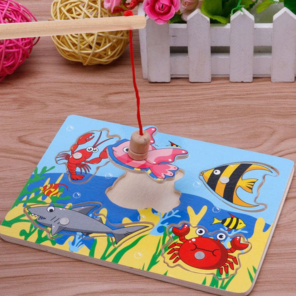 3pcs Kids Toy Magnetic Wood Fishing Poles Fishing Games Wooden Fishing Rod H87543