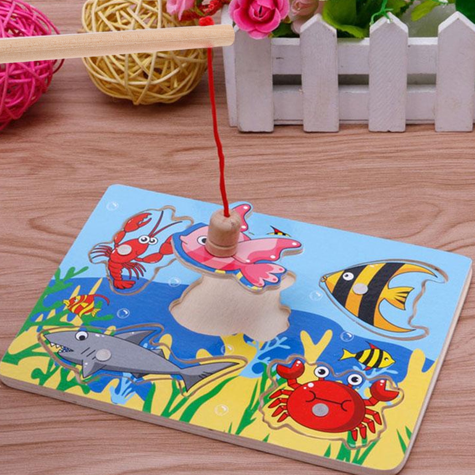 3pcs Kids Toy Magnetic Wood Fishing Poles Fishing Games Wooden Fishing Rod H87543