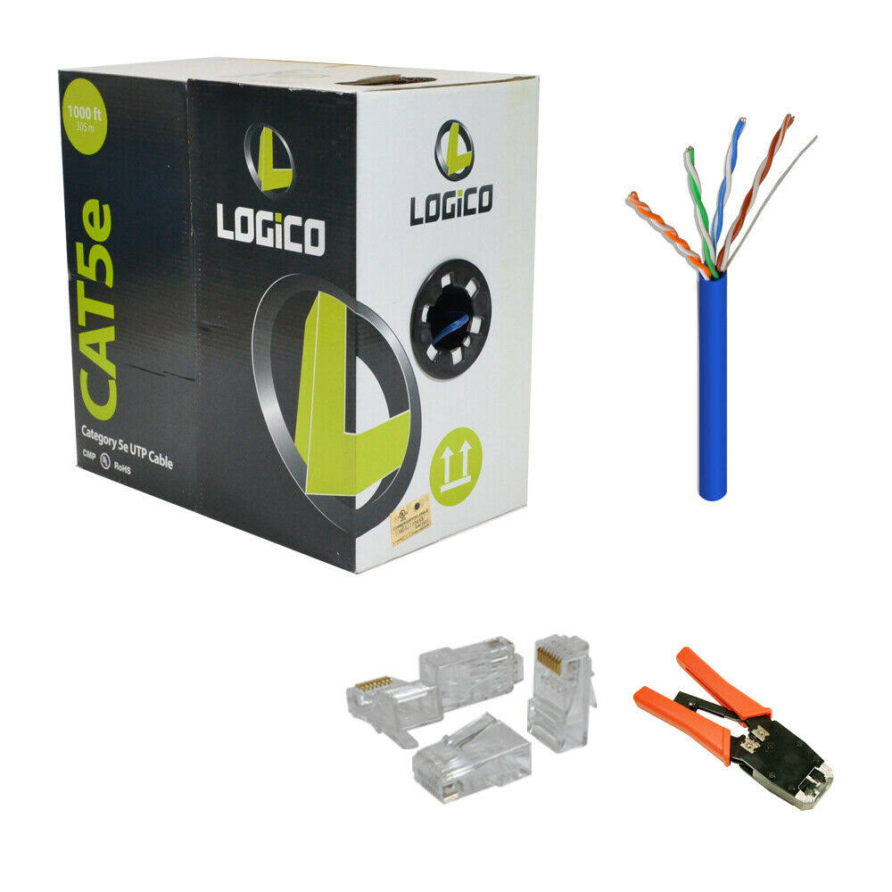 Cat5e UTP Plenum Cable 1000ft Blue with RJ45 Crimp Tool and Plugs Kit O276453