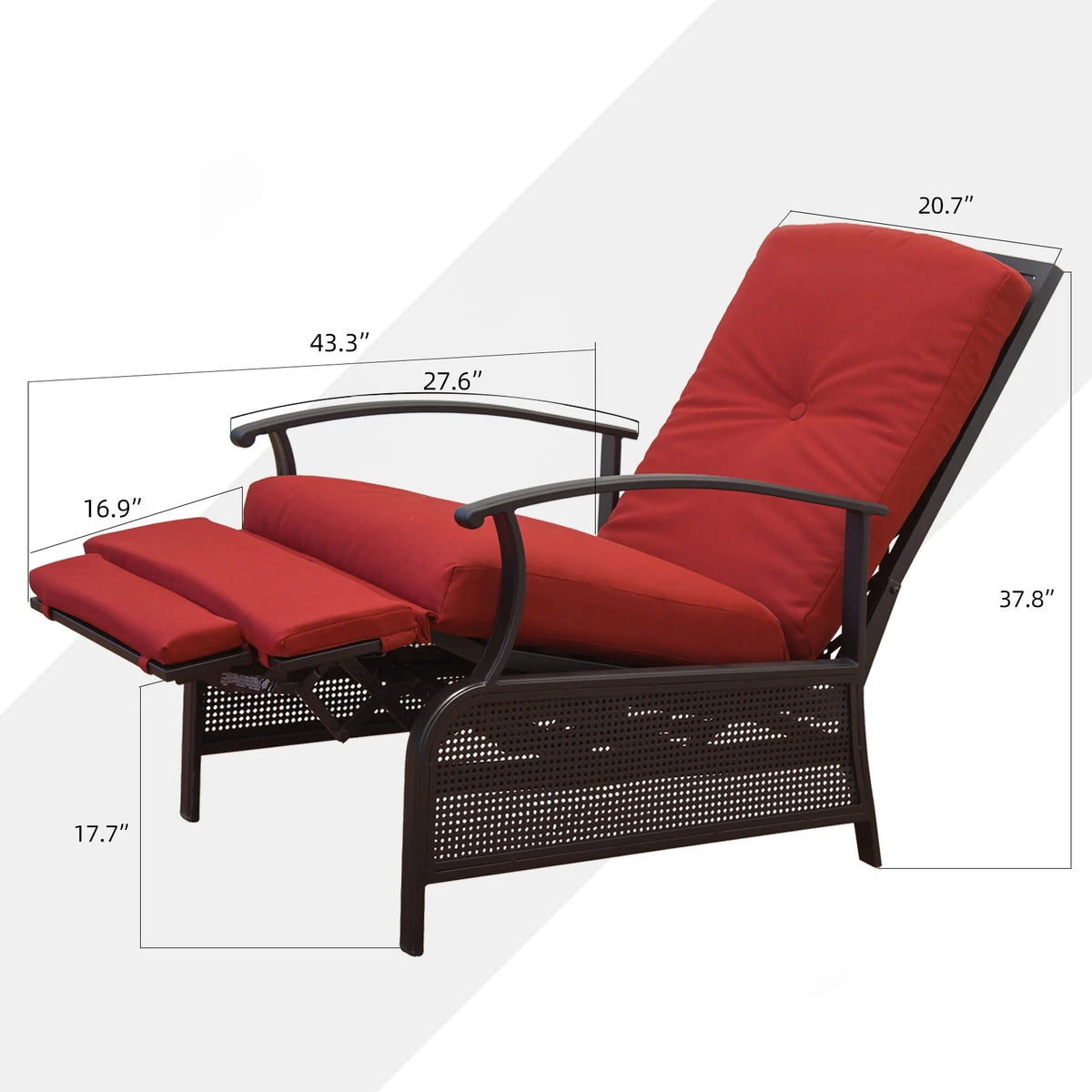 Adjustable Patio Recliner Chair Metal with Removable Cushions (Red) K531