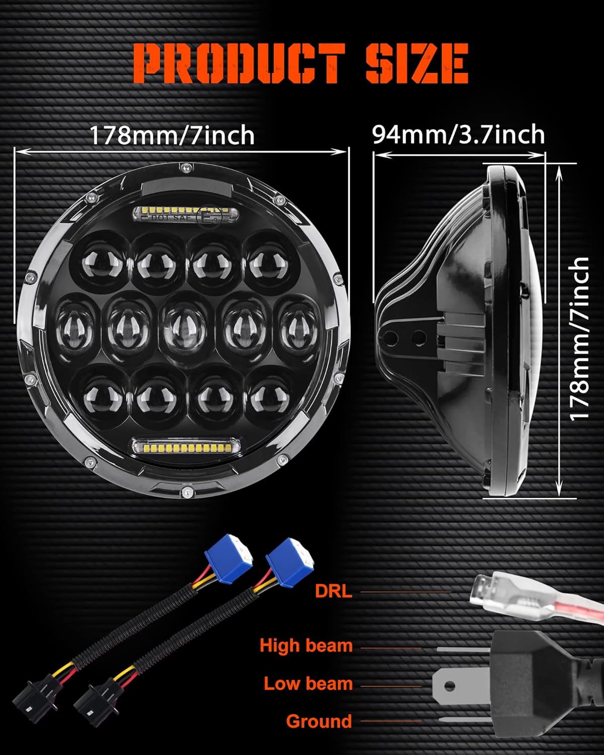 7 inch LED Headlight Round 2pcs White Amber DRL Hi/lo Beam D999952