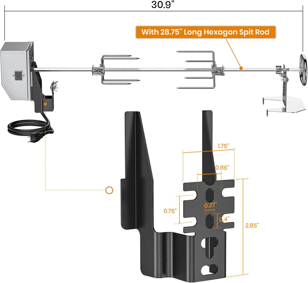 Stainless Steel Rotisserie Kit with 6 Watt 110V Electric Motor for Gas Grills, 28 × 0.35 Inch Hexagon Spit Rod Pack of 2 H788168