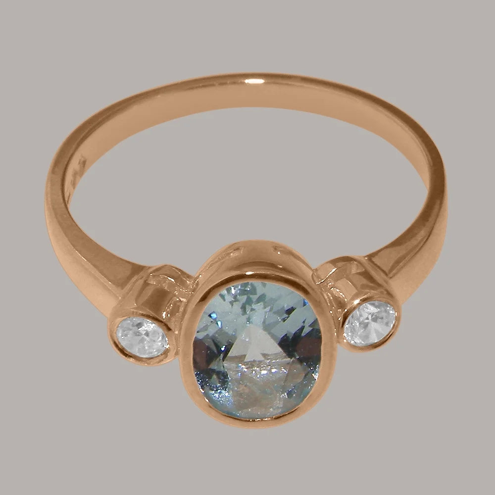 9k Rose Gold Genuine Natural Aquamarine & Diamond Womens Statement Ring F253