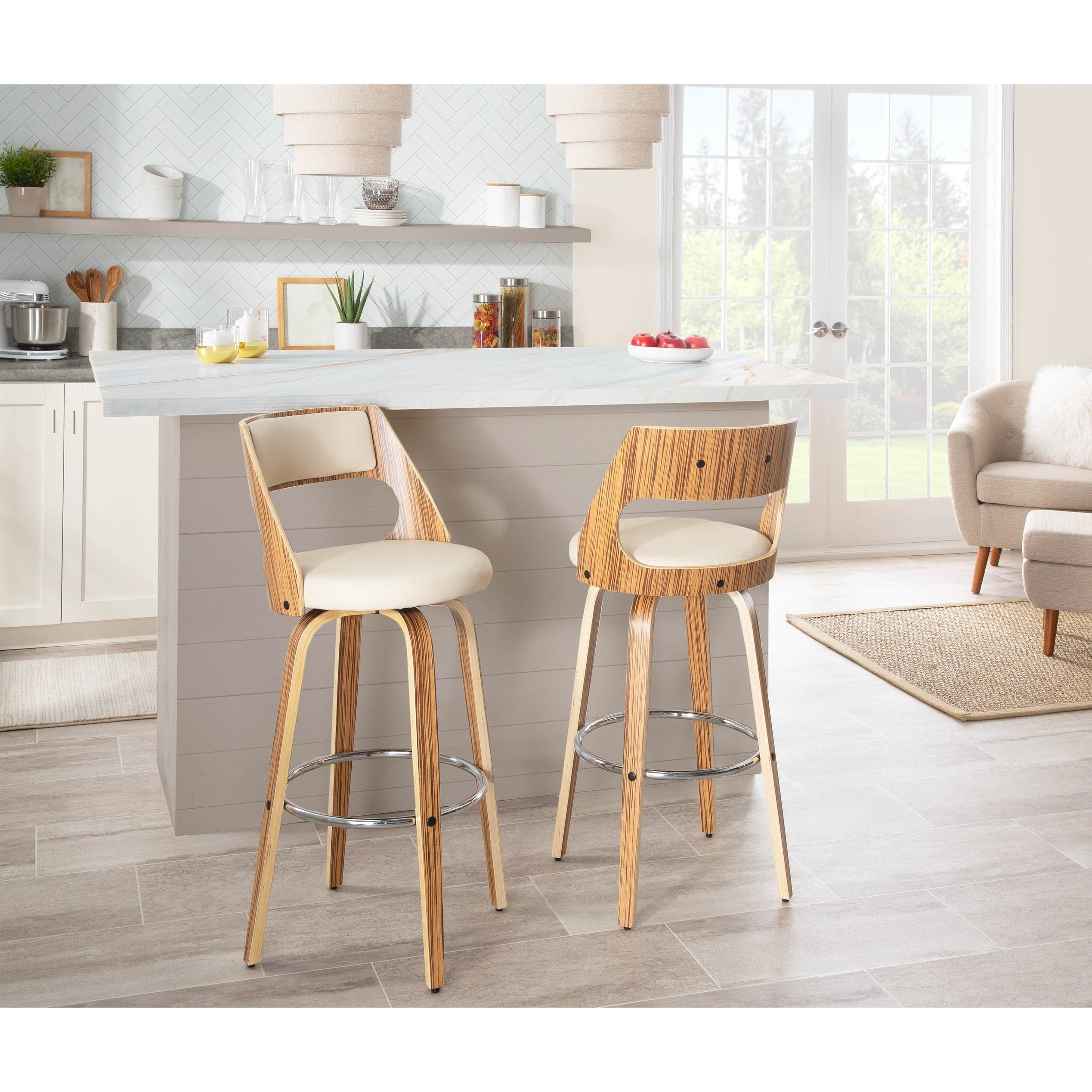 Cream/Walnut Walnut Finish Upholstered Swivel Bar Stool (Set of 2) W2726