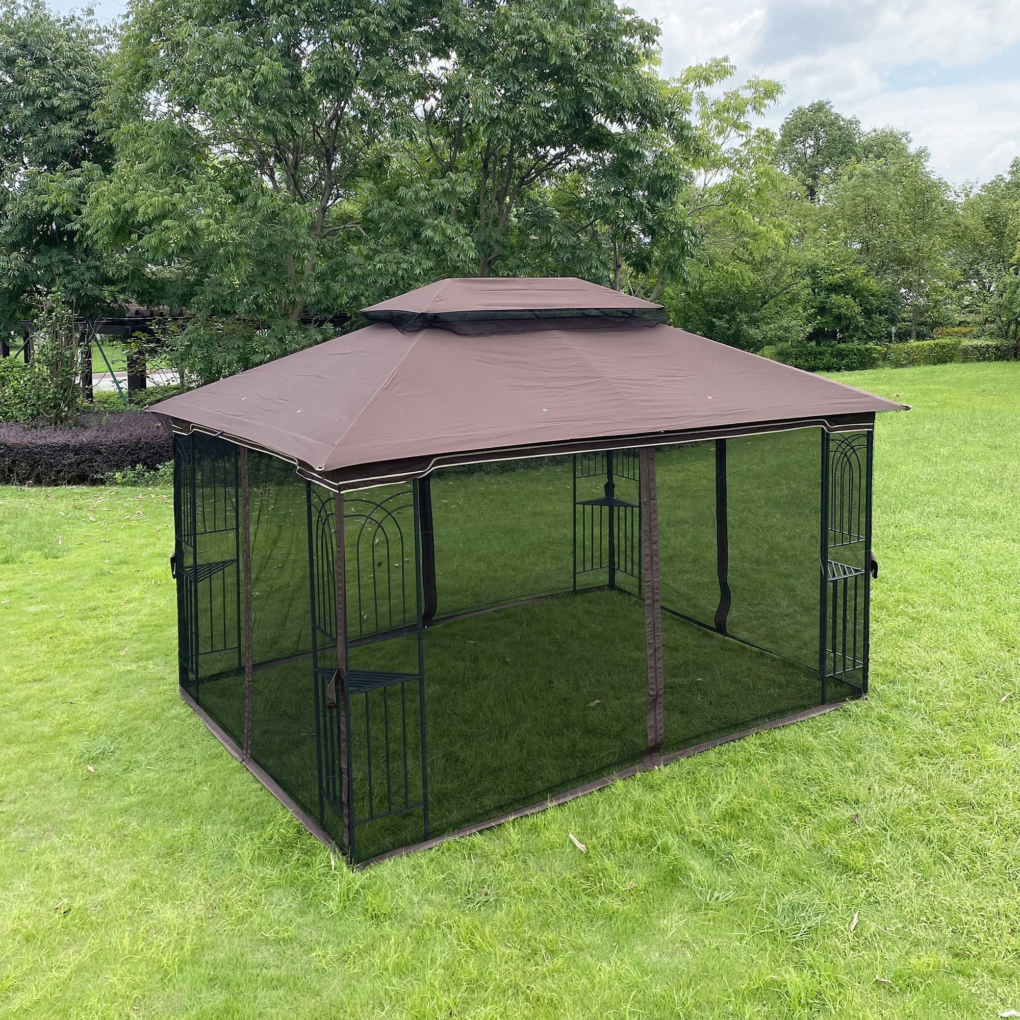 Brown Outdoor Patio Gazebo Canopy Tent with Ventilated Double Roof and Mosquito Net F844