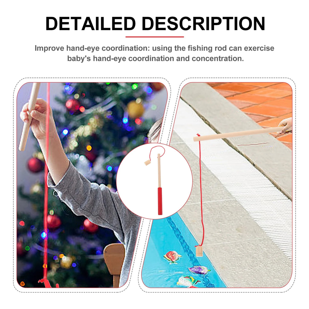 3pcs Kids Toy Magnetic Wood Fishing Poles Fishing Games Wooden Fishing Rod H87543