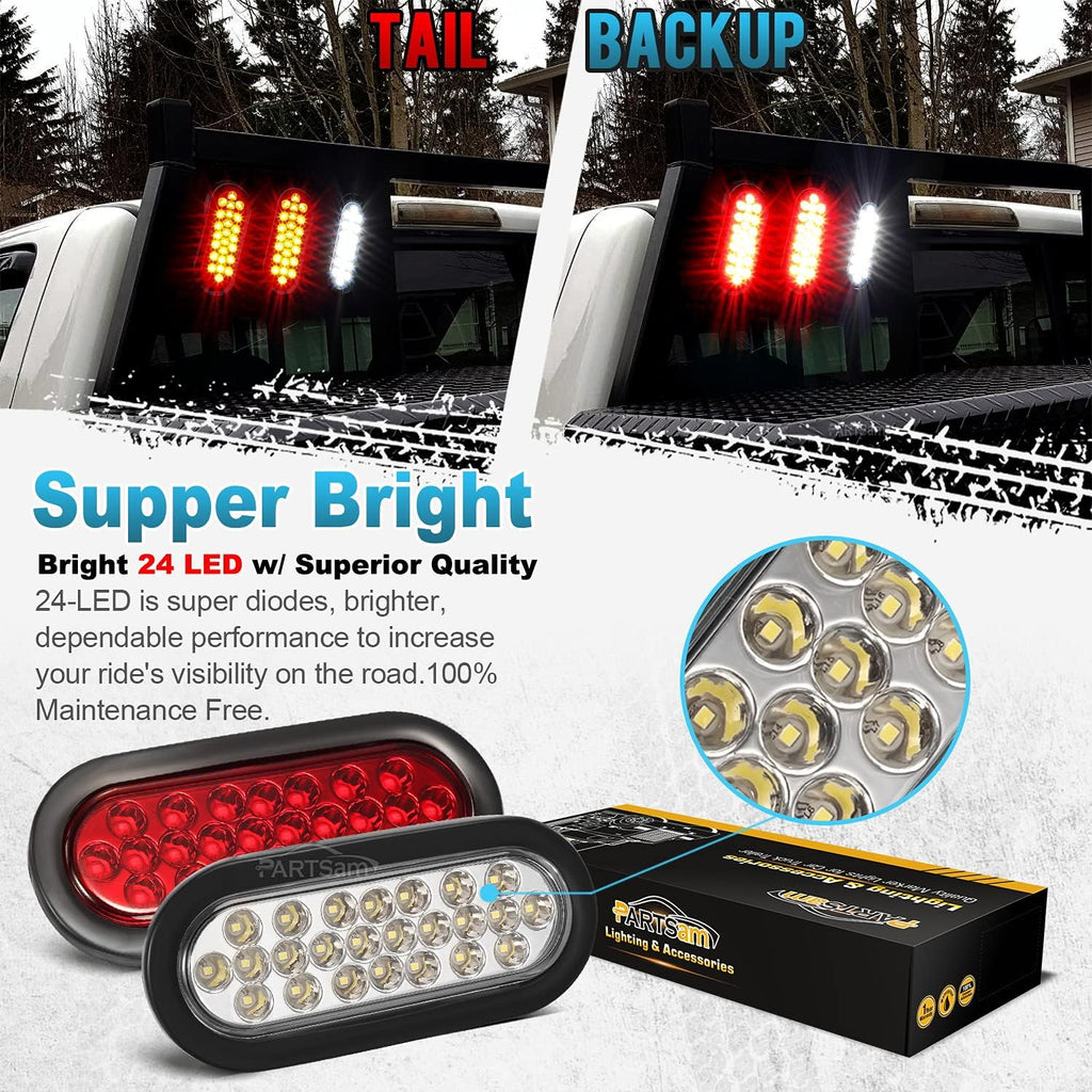 2xRed + 2xWhite 6 LED Oval Stop Turn Tail Lights Brake Backup Reverse Light Kit Waterproof 12V Sealed 6 Inch Oval LED Trailer Tail Lights Grommet Mount Pack of 2 A909