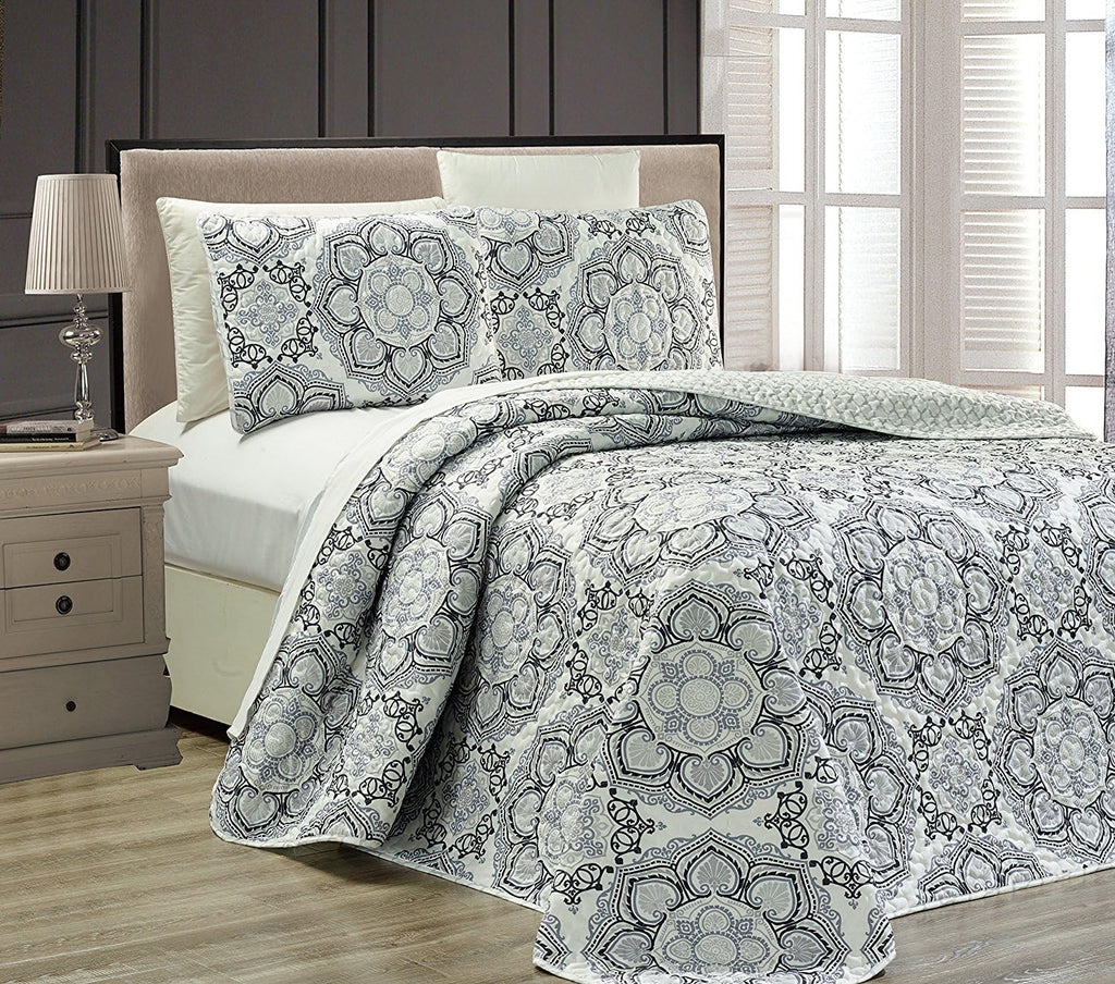 King/California King 3pc Reversible Oversized Bedspread Set Navy Blue White Teal Aqua Taupe E422295