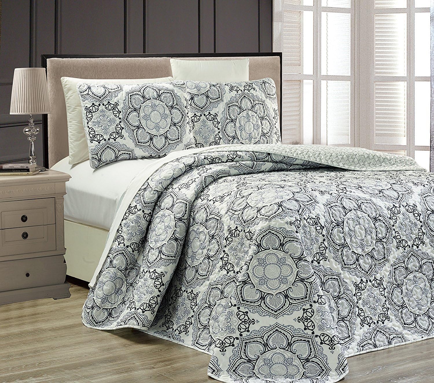 King/California King 3pc Reversible Oversized Bedspread Set Navy Blue White Teal Aqua Taupe E422295