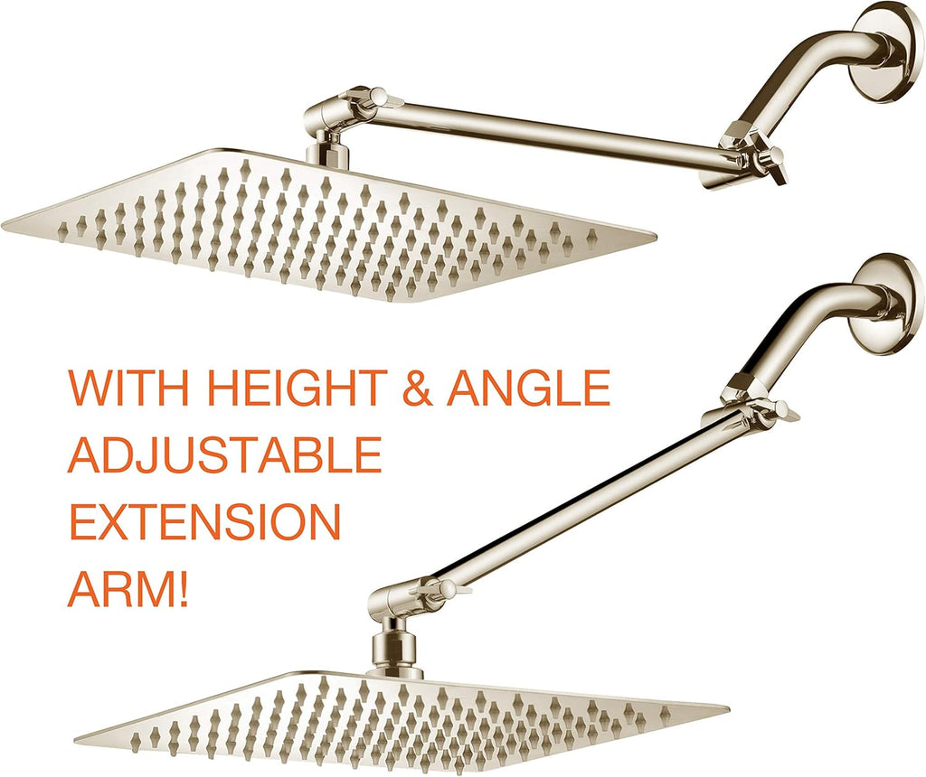 Brushed Nickel Stainless Steel Rainfall Square Showerhead with Brass Extension Arm, Pack of 2 G5376