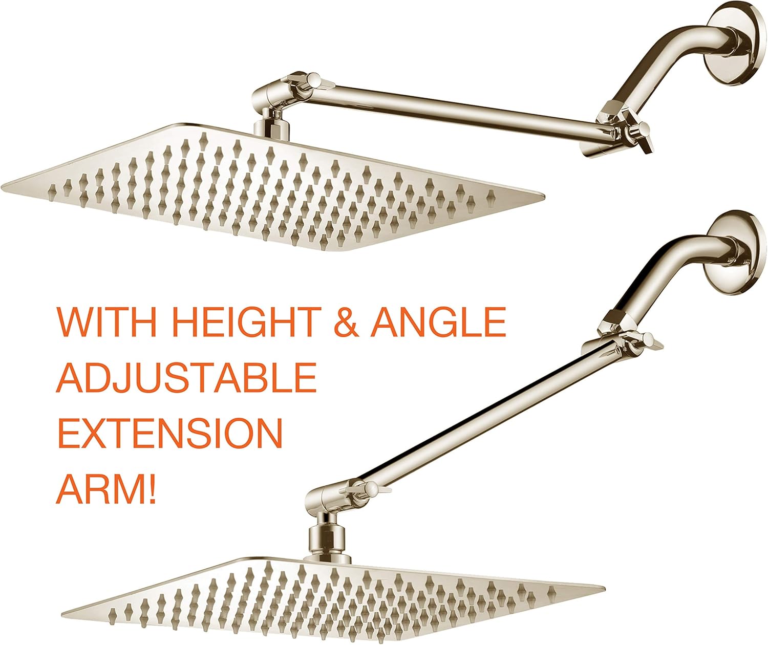 Brushed Nickel Stainless Steel Rainfall Square Showerhead with Brass Extension Arm, Pack of 2 G5376