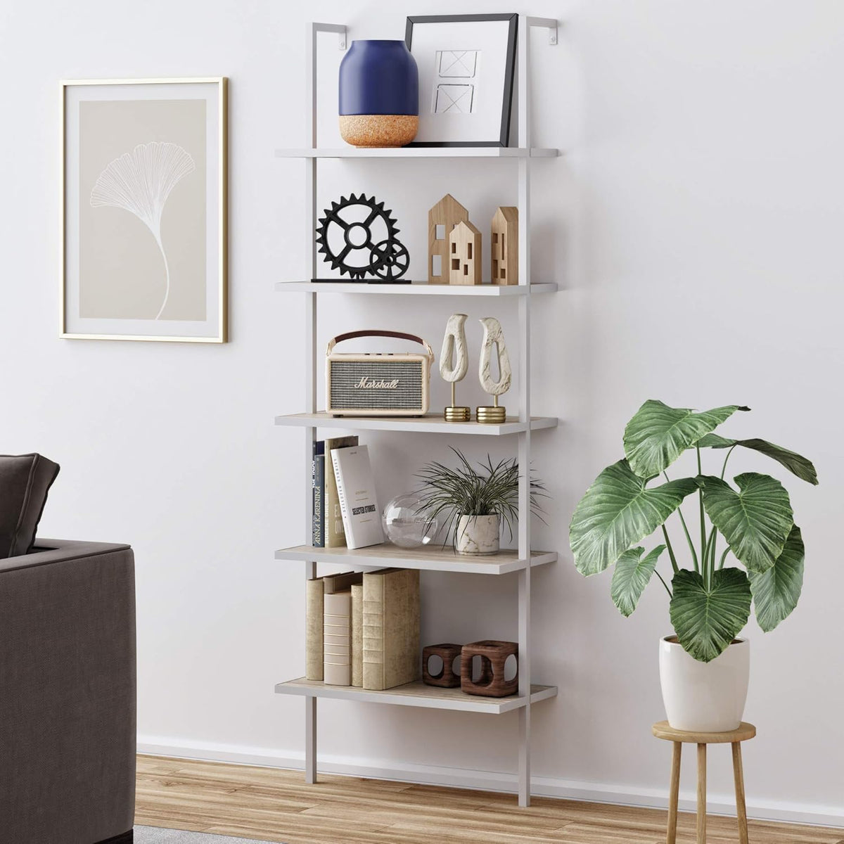 White/Gold 5-Shelf Ladder Bookcase with Metal Frame C655