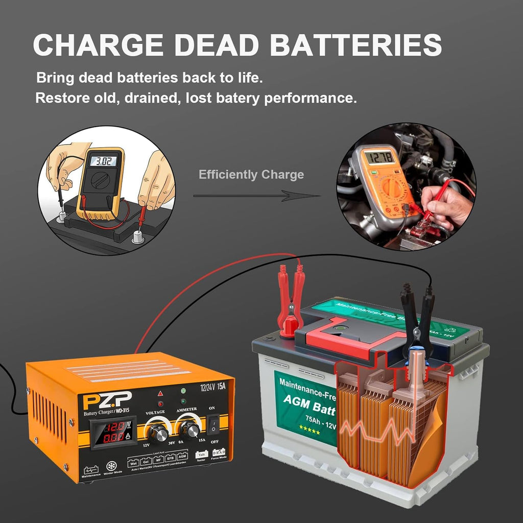 Manual Battery Charger 12V/24V Automotive Car Truck Boat Battery Chargers Maintainer Trickle Charger B256629