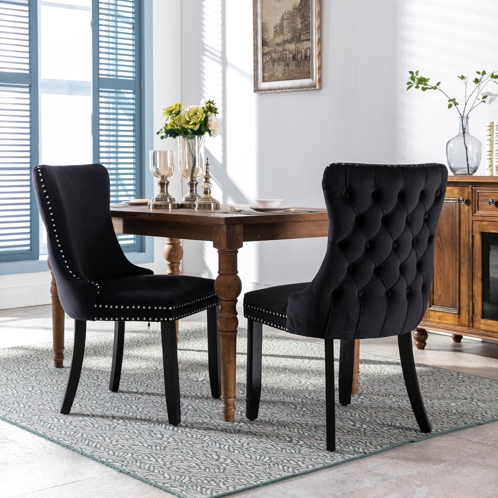 Black Velvet Upholstered Dining Chairs Set of 2 Solid Wood Wing Back Accent Chairs C7120