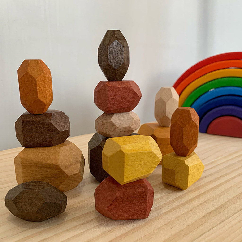 15 Pcs Wooden Colored Stone Stacking Game Building Block F460457