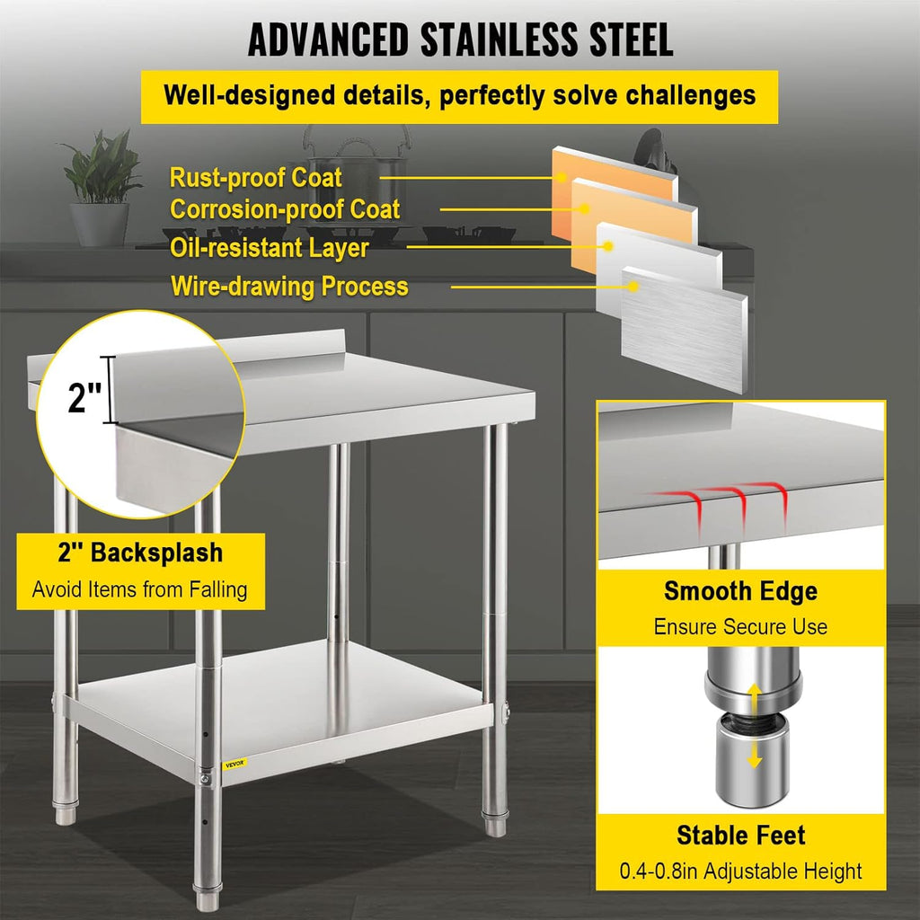 Stainless Steel Prep Table with Backsplash and Adjustable Undershelf V83254