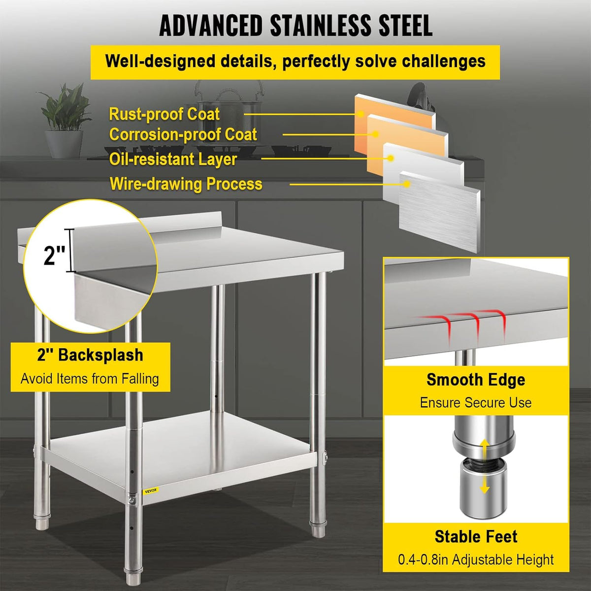 Stainless Steel Prep Table with Backsplash and Adjustable Undershelf V83254