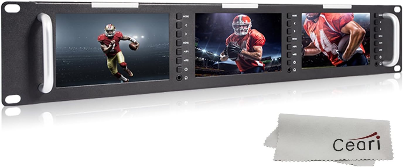 Triple 5 Inch 800x480 Pixel Rack Mount LCD Monitor with 3G-SDI, HDMI, AV Input and Output with Microfiber Cloth U771864