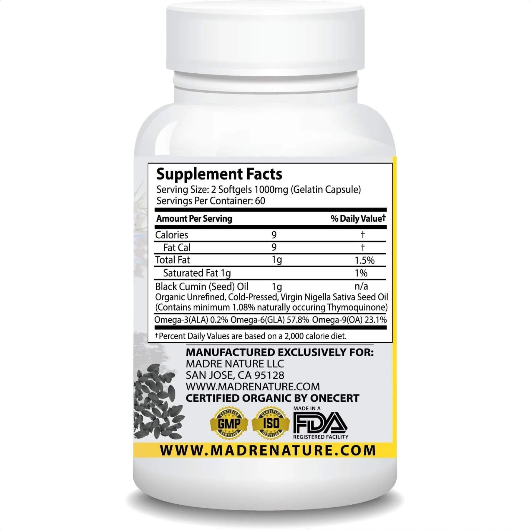 Black Seed Oil 1000mg 120 Softgel Capsules Cold-Pressed Nigella Sativa R586197