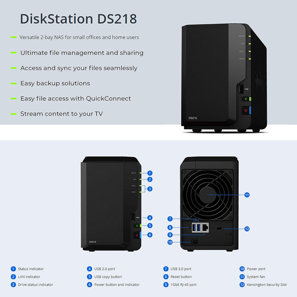 2 Bay NAS DiskStation DS218 Diskless + 2 WD Red Pro 4TB Hard Drives 7200 Class Y81358