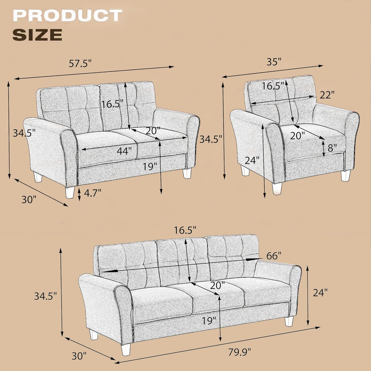 Light Grey-Blue 3-Seat Upholstered Sectional Sofa Set Y77396