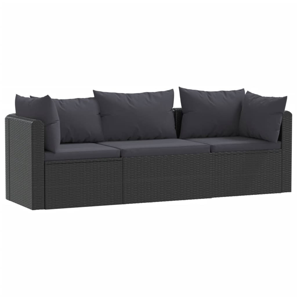 Black Poly Rattan 3 Piece Patio Sofa Set with Cushions V892