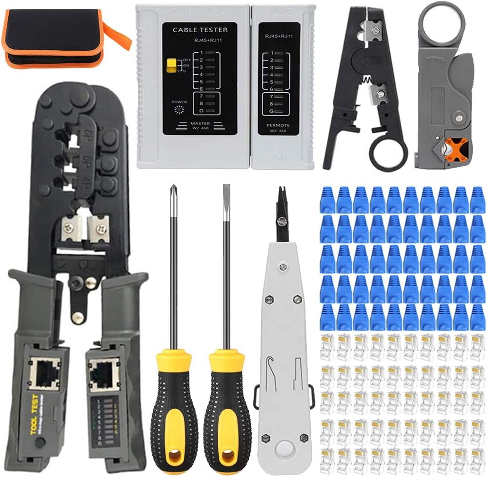 RJ45 Crimper Cat5/Cat5e/Cat6 Tool Set with 50PCS Connectors, 50PCS Covers Network Wire Stripper Kit (Dark) Pack of 2 V90727
