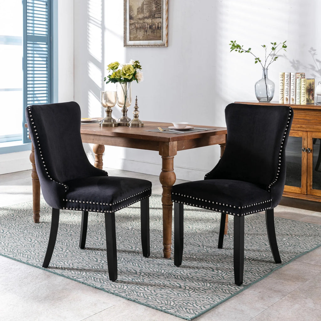 Black Velvet Upholstered Dining Chairs Set of 2 Solid Wood Wing Back Accent Chairs C7120