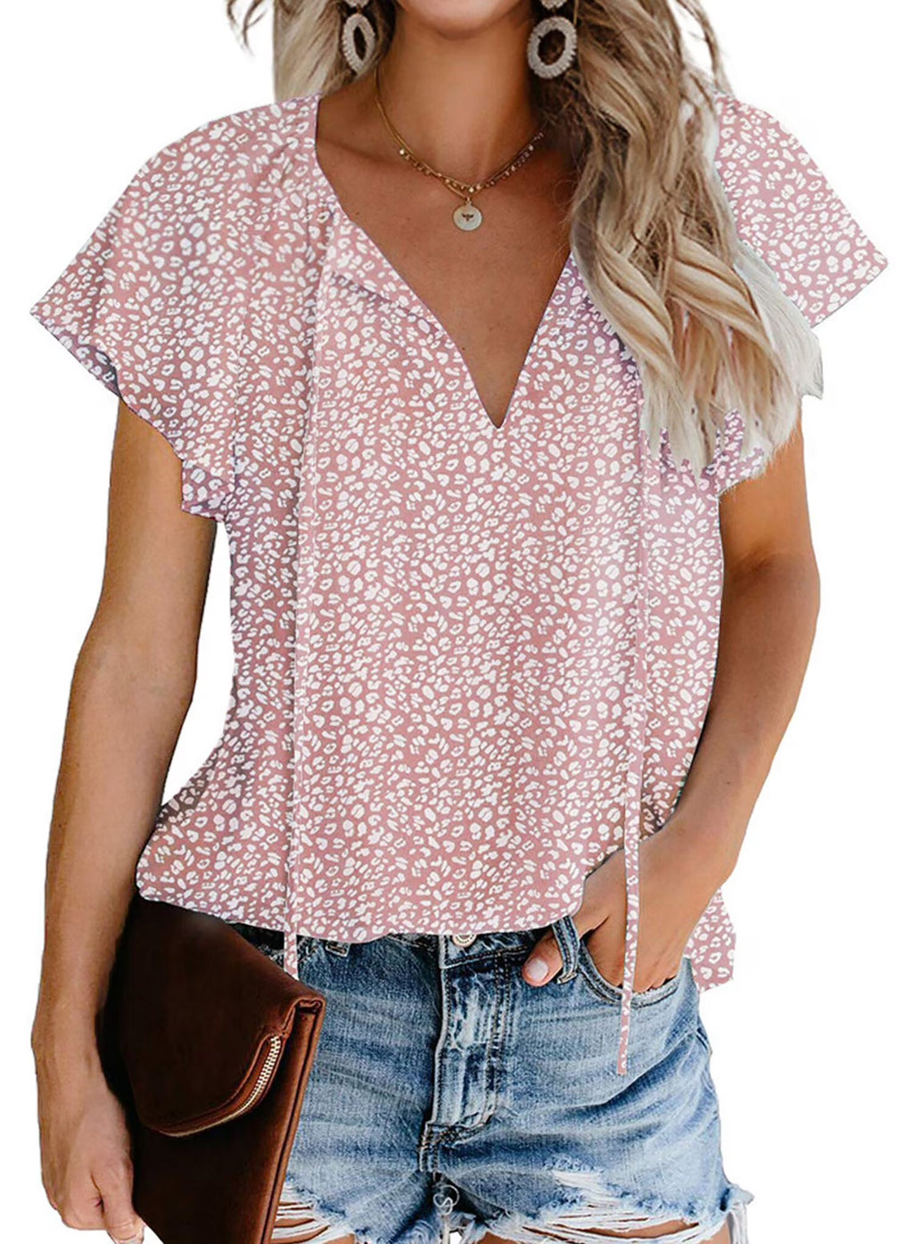 Floral Print V Neck Ruffle Short Sleeve Shirts T977