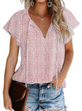 Floral Print V Neck Ruffle Short Sleeve Shirts T977