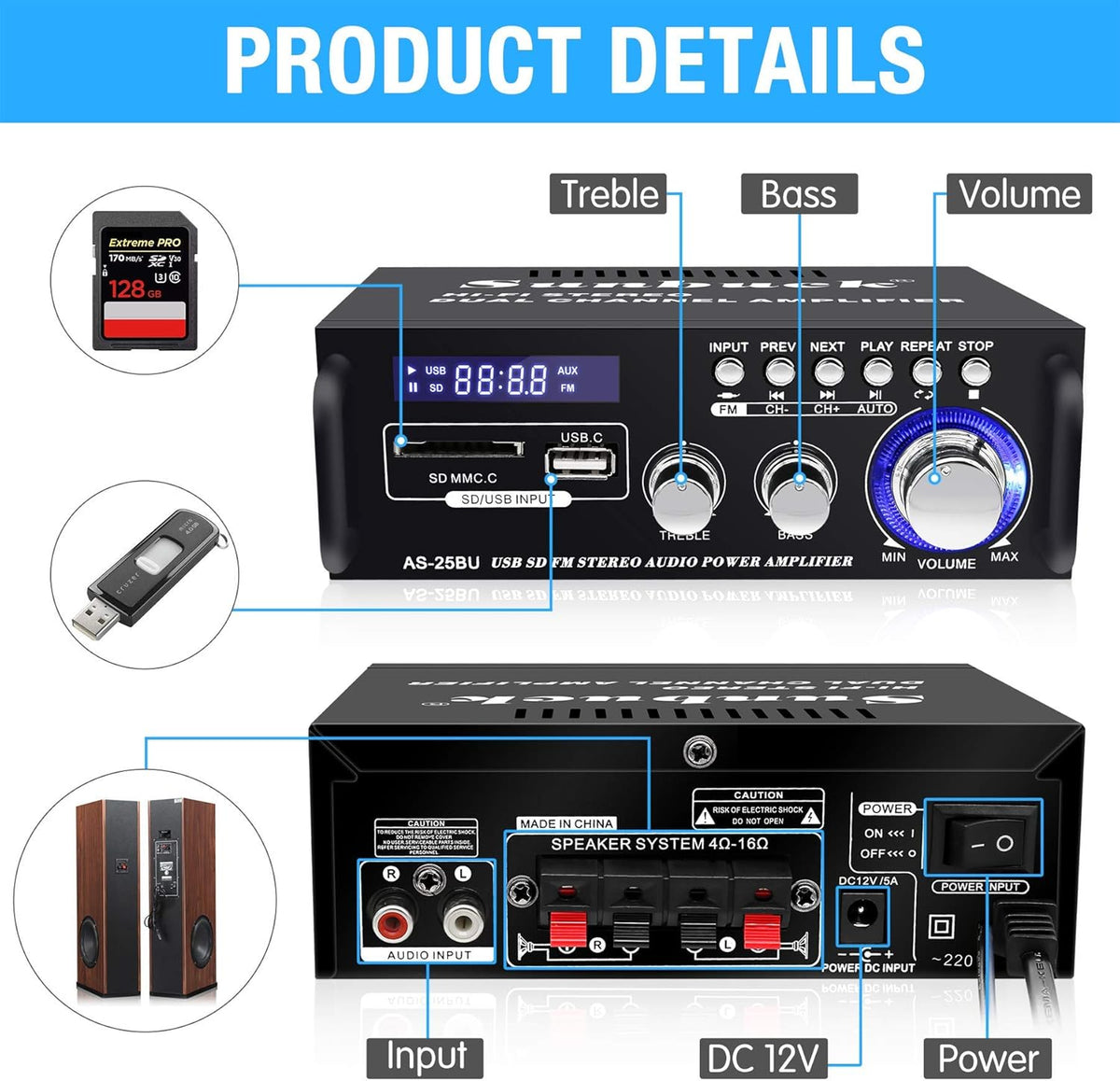 180W Wireless Bluetooth Stereo Amplifier with Remote Control Y98813