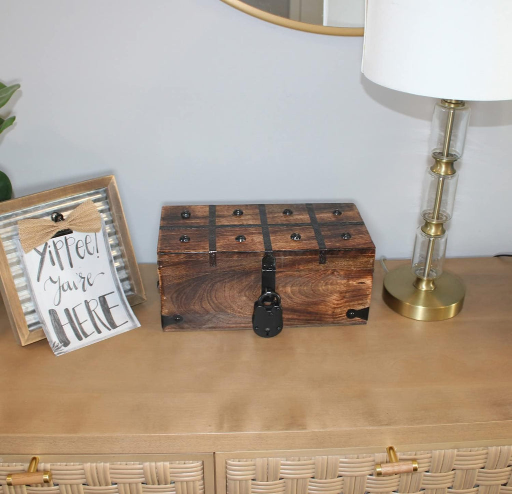 Treasure Chest Wooden Box with Antique Iron Lock and Skeleton Key, Medium 12.25 x 6 x 5.5, Pack of 2 I563