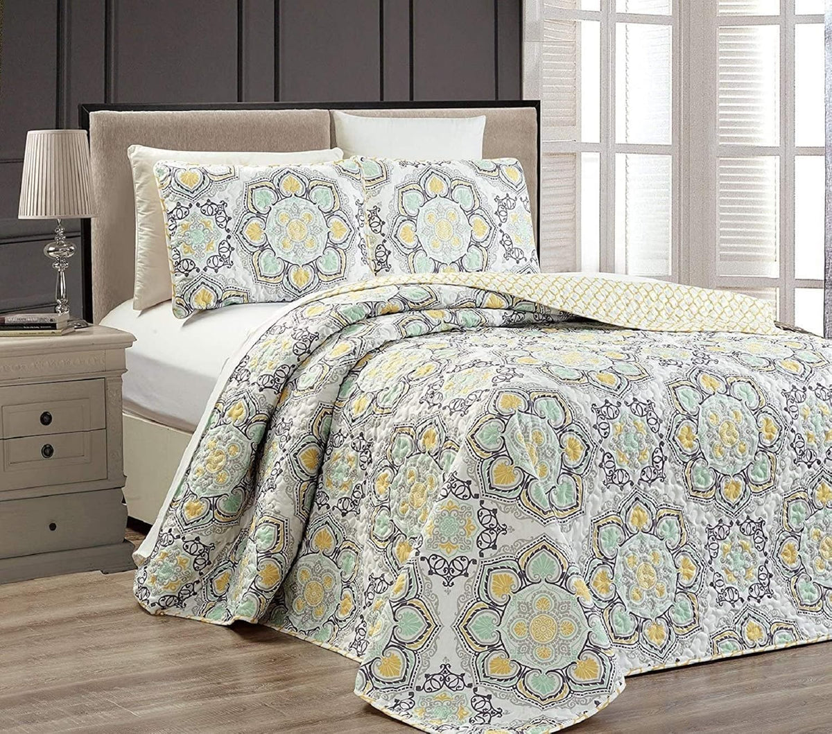 King/California King 3pc Reversible Oversized Bedspread Set Navy Blue White Teal Aqua Taupe E422295