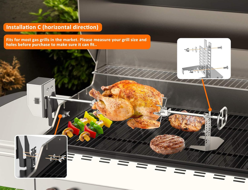 Stainless Steel Rotisserie Kit with 6 Watt 110V Electric Motor for Gas Grills, 28 × 0.35 Inch Hexagon Spit Rod Pack of 2 H788168
