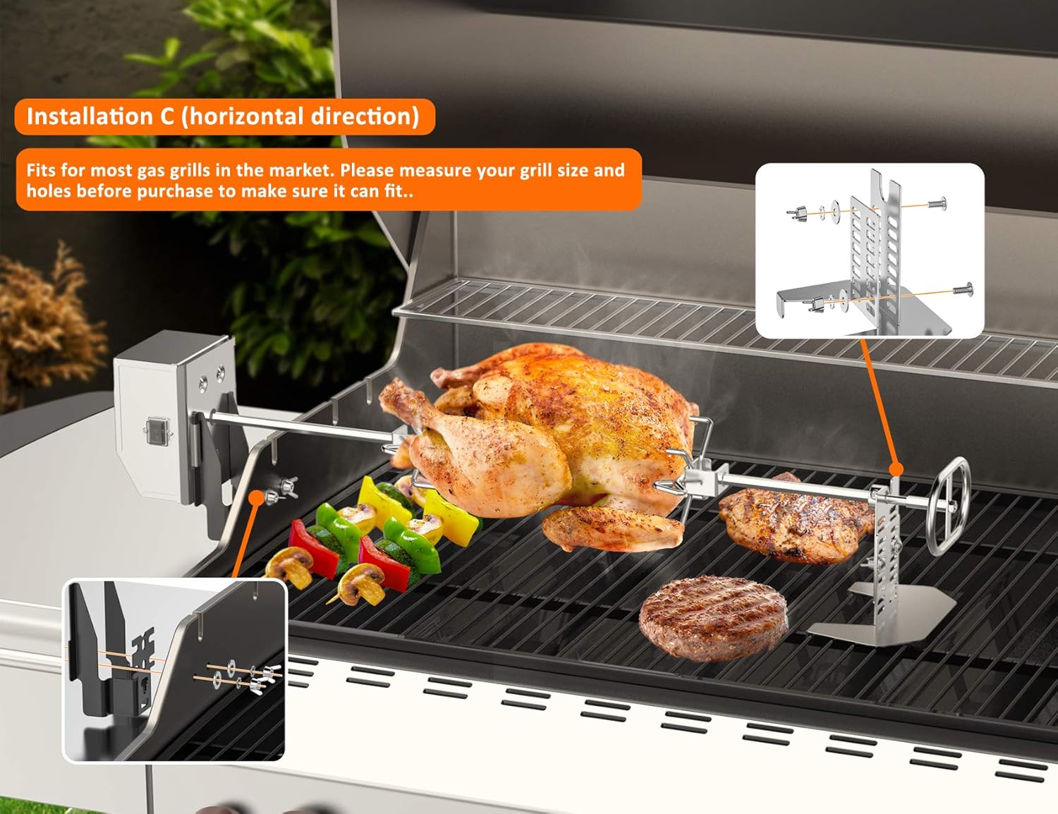 Stainless Steel Rotisserie Kit with 6 Watt 110V Electric Motor for Gas Grills, 28 × 0.35 Inch Hexagon Spit Rod Pack of 2 H788168