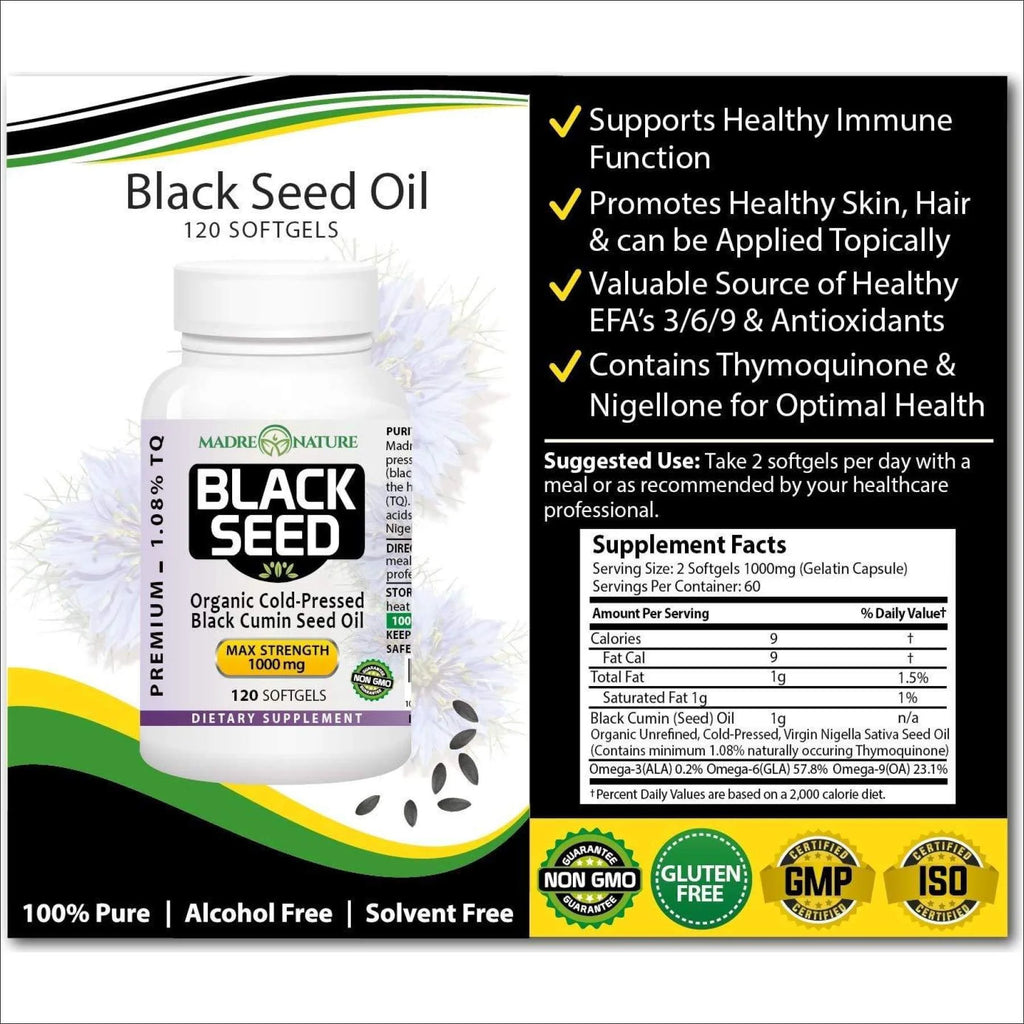 Black Seed Oil 1000mg 120 Softgel Capsules Cold-Pressed Nigella Sativa R586197