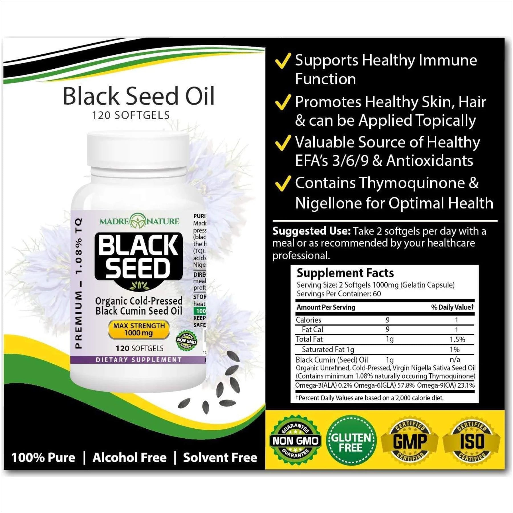 Black Seed Oil 1000mg 120 Softgel Capsules Cold-Pressed Nigella Sativa R586197