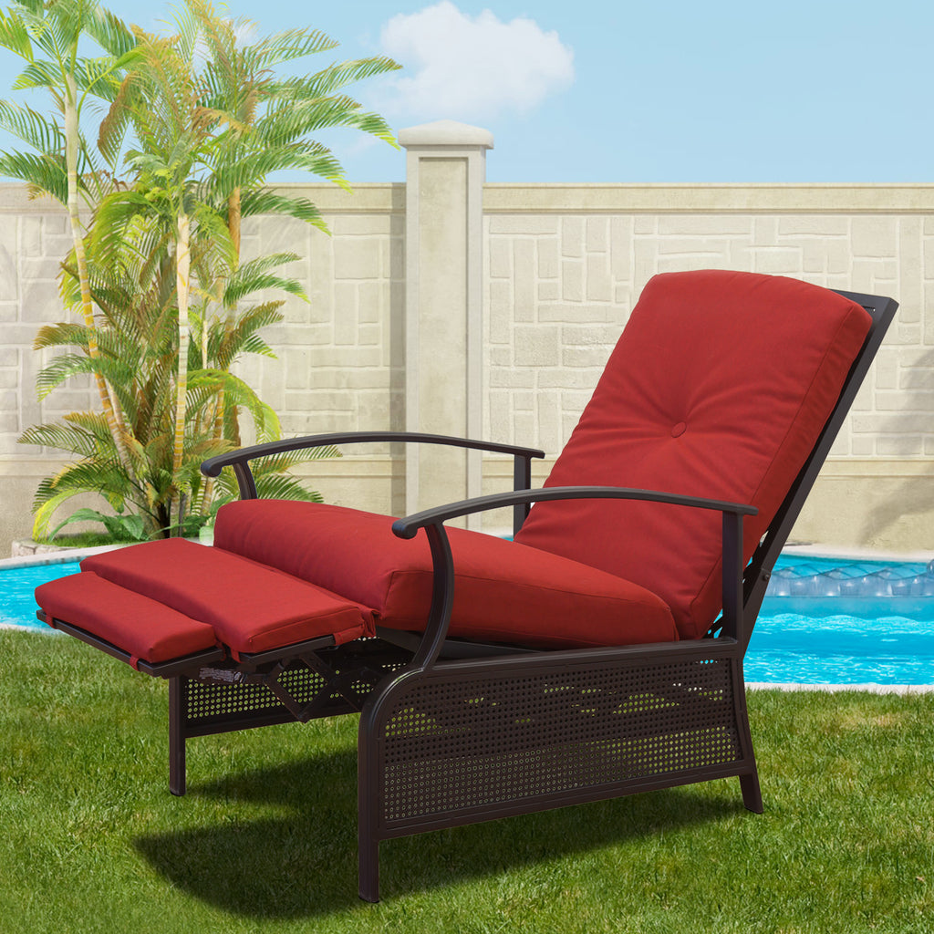 Adjustable Patio Recliner Chair Metal with Removable Cushions (Red) K531