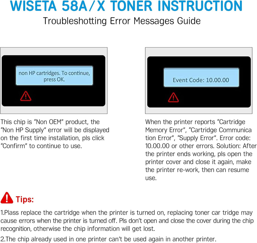 2 Black Compatible Toner Cartridge with Chip for HP 58A CF258A T880502